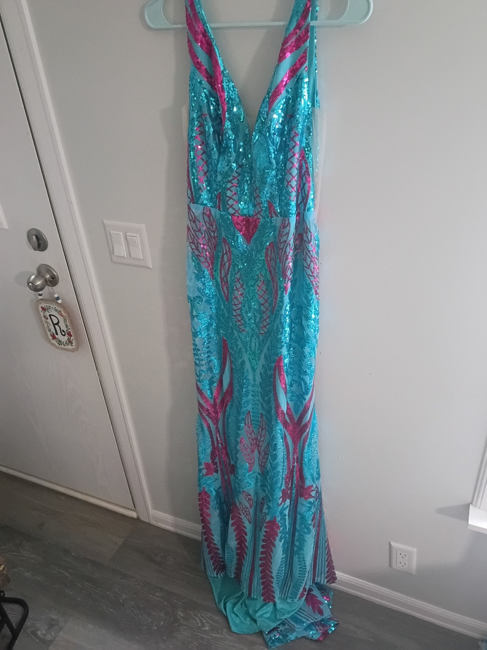 Turquoise & Fuchsia Sequin V-Neck Gown